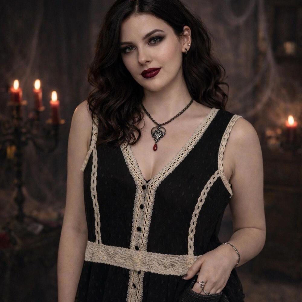 Vintage 90s y2k tank top womens PL black ivory lace goth vampire dark romance - Picture 1 of 6